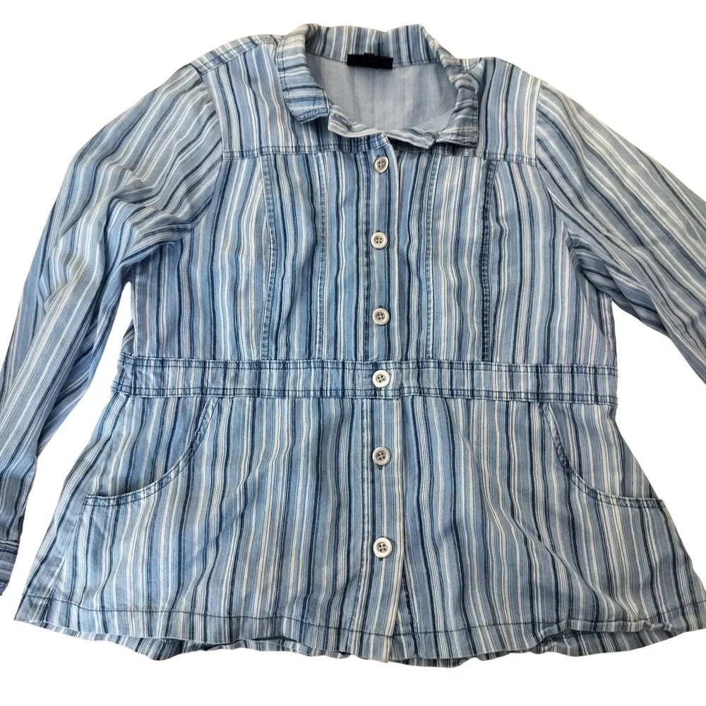 Blue White Striped Button Front Peplum Jacket Cotton‎ Lyocell RN 92309 L